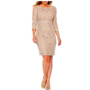 Jackie Jon Tan Lace Beaded Three Quarter Sleeve Midi Cocktail Black Tie Dress